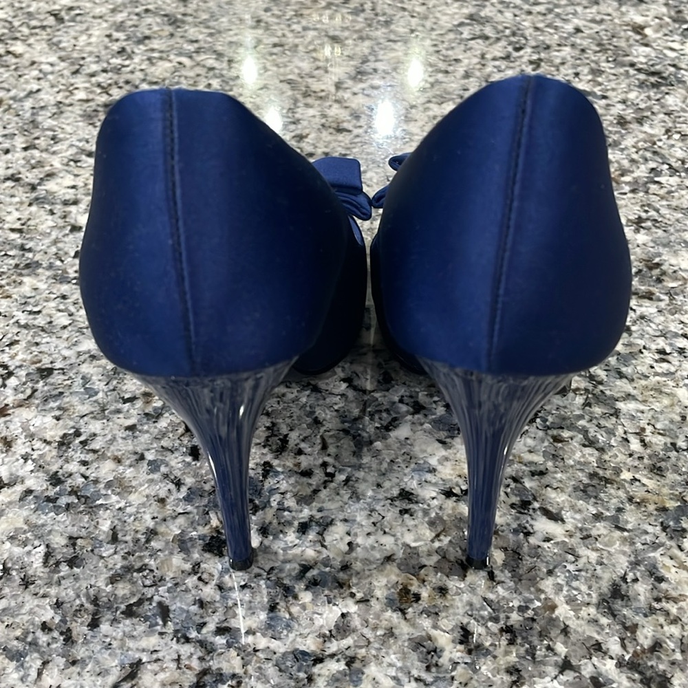 Nina Blue Satin Peep Toe Heels - Picture 3 of 11